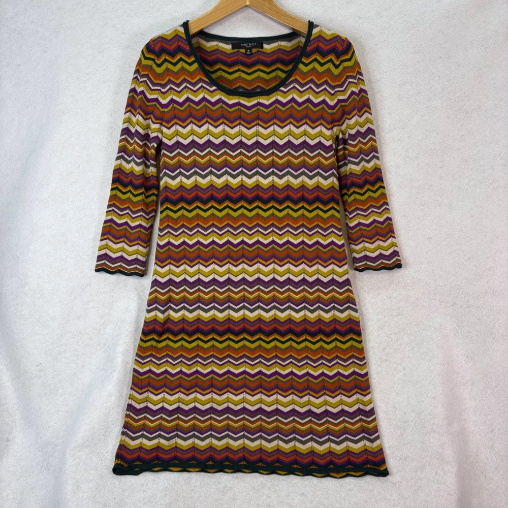 Nine West Chevron Zigzag Multi Color Knit Dress Womens M Boho Retro Fall 90s